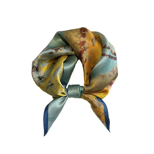 Mulberry Silk 21" Small Scarf For Women Neckerchief Wrap Yellow Oil Paiting 07FC0E-D4 - KOEEK