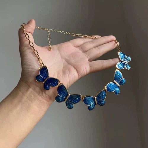 Vintage Blue Enamel Butterfly Necklace Choker Pendant Gothic Style Jewelry 07FC0E-D4 - KOEEK