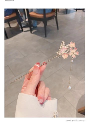 Butterfly Peach Blossom Tassel Hairpin Chinese Style Hanfu Hair Accessory 07FC0E-D4 - KOEEK