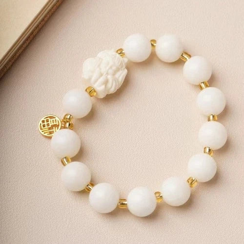 White Jade Bodhi Beads Bracelet Nine-Tailed Fox  Hand String Unisex 07FC0E-D4 - KOEEK