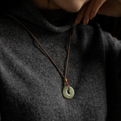 Natural Jade Peace Buckle Pendant Necklace for Men Women 07FC0E-D4 - KOEEK