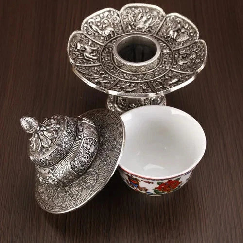 Alloy Tantric Holy Water Cup Buddhist Tea Rack Eight Auspicious Porcelain Bowl 07FC0E-D4 - KOEEK