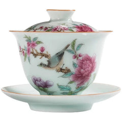 Chinese Gaiwan Ceramic Tea Bowl with Saucer, Handmade Hand-painted Tea Set 07FC0E-D4 - KOEEK