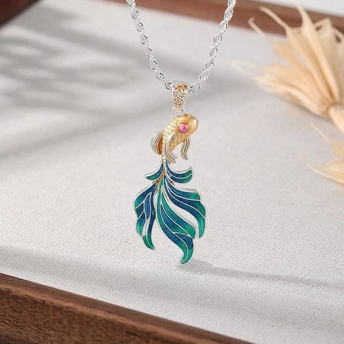 Enamel Koi Fish Lucky Necklace Vintage Blue Pendant Chinese Style Enamel Choker 07FC0E-D4 - KOEEK