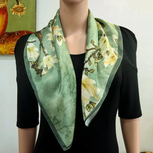 Silk Scarf Women Vintage Green Flowers Kerchief Square Bandana Wrap 68*68cm 07FC0E-D4 - KOEEK
