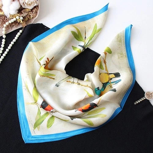 Silk 21" Square Scarf Women Kerchief Bandana Neckerchief Blue Beige Birds 07FC0E-D4 - KOEEK