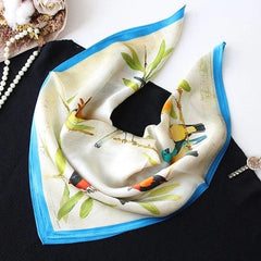 Silk 21" Square Scarf Women Kerchief Bandana Neckerchief Blue Beige Birds 07FC0E-D4 - KOEEK