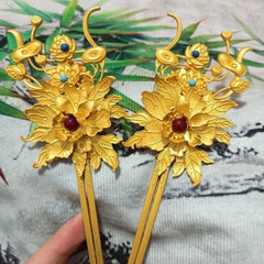 Golden Alloy Peony Hairpins Hanfu Hair Accessories Traditional Hair Jewelry 07FC0E-D4 - KOEEK