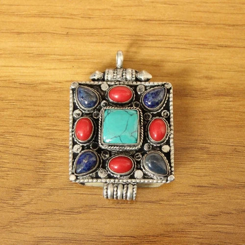 Tibetan Silver Lapis Turquoise Coral Store Square Gau Box Pendant Necklace 07FC0E-D4 - KOEEK