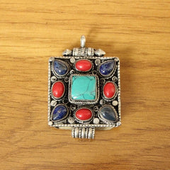 Tibetan Silver Lapis Turquoise Coral Store Square Gau Box Pendant Necklace 07FC0E-D4 - KOEEK