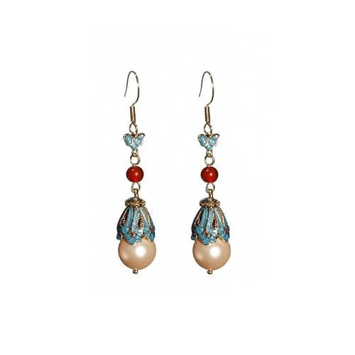 Chinese Style Enamel Red Pearl Dangle Earrings  Chinese Hanfu Jewelry 07FC0E-D4 - KOEEK