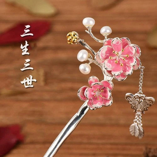 Silver Plated Plum Blossom Tassel Hairpin Chinese Style Hanfu Hair Stick 07FC0E-D4 - KOEEK