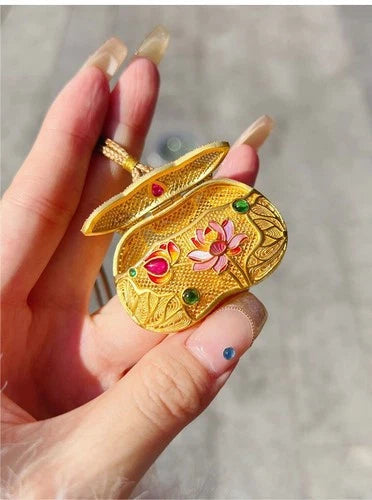 Gold Tone Inlay Pendant Necklace Chinese Filigree Ruyi Enamel Lotus Lock Jewelry 07FC0E-D4 - KOEEK