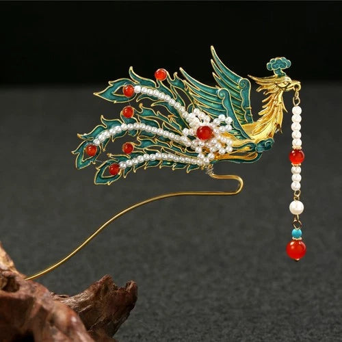 Chinese Hanfu Blue Enamel Phoenix Tassel Hairpin Vintage Style Jewelry 07FC0E-D4 - KOEEK