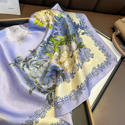 Silk Mulberry 27" Square Scarf Women Neckerchief Wrap Bandana Purple Flower 07FC0E-D4 - KOEEK