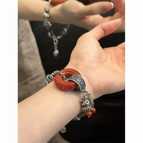Vintage Chinese Jade Bracelet Retro Silver Tassel Beaded Bracelet for Women Gift 07FC0E-D4 - KOEEK