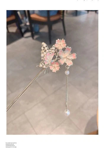 Butterfly Peach Blossom Tassel Hairpin Chinese Style Hanfu Hair Accessory 07FC0E-D4 - KOEEK