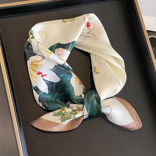 Silk Scarf Women Beige Green Flower Head Bandana Small Kerchief Turban 53cm 07FC0E-D4 - KOEEK