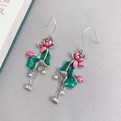 Cloisonne Lotus Leaf Tassel Earrings Vintage Ethnic Long Dangle Jewelry 07FC0E-D4 - KOEEK