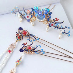 Hanfu Headpiece Set Tassel Hair Pins Chinese Vintage Costume Hair Accessory 07FC0E-D4 - KOEEK