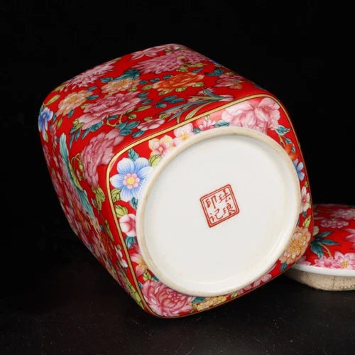 4.3" China Multi-Color Porcelain Red Glaze Ten Thousand Flower Teacaddy Pot 07FC0E-D4 - KOEEK