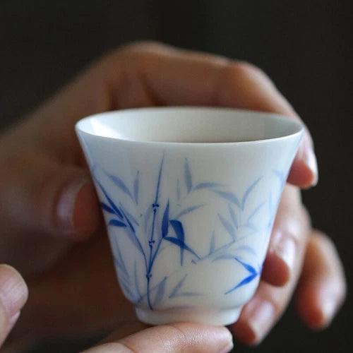 3PC Jingdezhen Hand Painted Bamboo Ceramic TeaCups White Jade Porcelain Cups 07FC0E-D4 - KOEEK