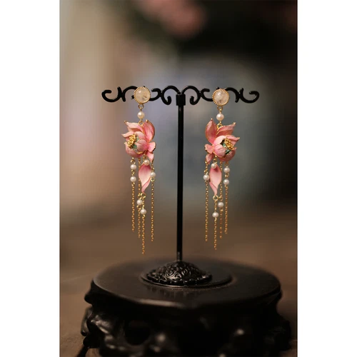 Gold Plated Enamel Lotus Pearl Tassel Earrings Chinese Style Vintage Jewelry 07FC0E-D4 - KOEEK