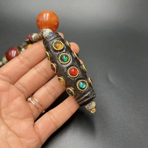 Antique Meteorite 20 Eyes Dzi Bead Handheld Pendant Inlaid Multicolor Beads 07FC0E-D4 - KOEEK