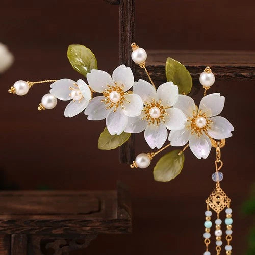 Chinese Style Hanfu Headpiece Floral Tassel Side Hair Clip Glass Petal Accessory 07FC0E-D4 - KOEEK