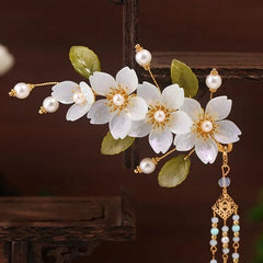 Chinese Style Hanfu Headpiece Floral Tassel Side Hair Clip Glass Petal Accessory 07FC0E-D4 - KOEEK