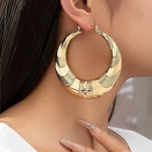 Crescent Bamboo Hoop Earrings Set Women Jewelry Textured Large Design 2 Pairs 07FC0E-D4 - KOEEK
