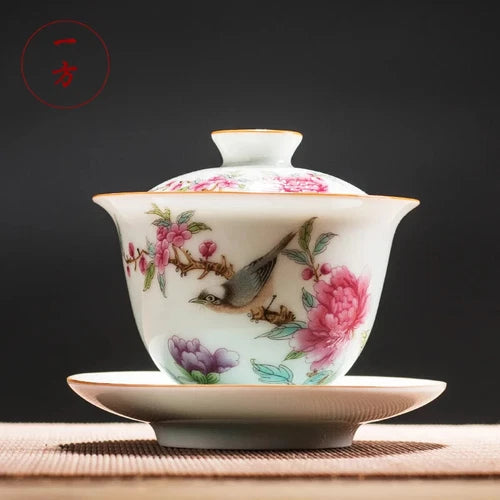 Chinese Gaiwan Ceramic Tea Bowl with Saucer, Handmade Hand-painted Tea Set 07FC0E-D4 - KOEEK