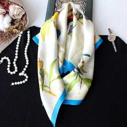 Silk 21" Square Scarf Women Kerchief Bandana Neckerchief Blue Beige Birds 07FC0E-D4 - KOEEK