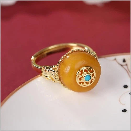 Yellow Glass Pi Xiu Ring Vintage Adjustable Wealth Ring for Women 07FC0E-D4 - KOEEK