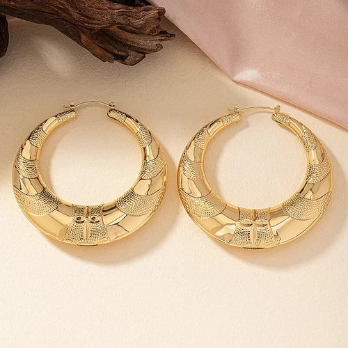 Crescent Bamboo Hoop Earrings Set Women Jewelry Textured Large Design 2 Pairs 07FC0E-D4 - KOEEK