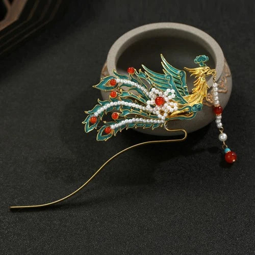 Chinese Hanfu Blue Enamel Phoenix Tassel Hairpin Vintage Style Jewelry 07FC0E-D4 - KOEEK