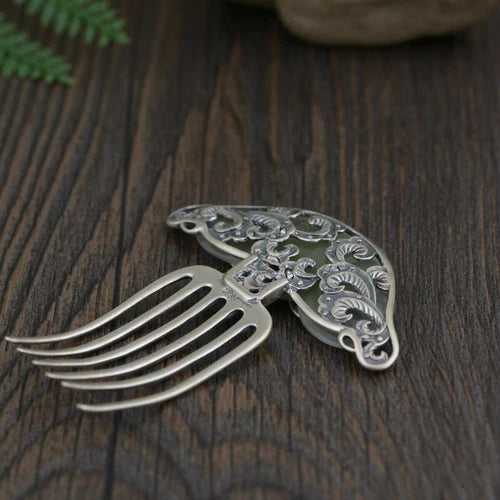 Tradition Chinese Artworks Hetian Jade Silver Hairpin Hair Clasp Accessory 07FC0E-D4 - KOEEK
