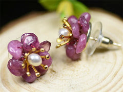 925 Silver Stud Earrings Natural Pearl Tourmaline Handmade Earrings 07FC0E-D4 - KOEEK