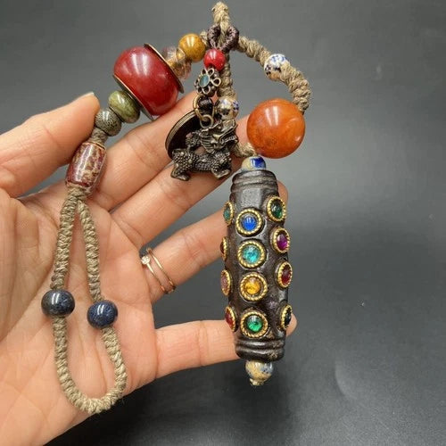 Antique Meteorite 20 Eyes Dzi Bead Handheld Pendant Inlaid Multicolor Beads 07FC0E-D4 - KOEEK