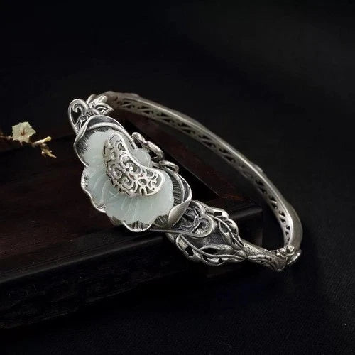 Vintage Ethnic Hetian Jade Bangle Bracelet Open Cuff Women Jewelry Ruyi Gift 07FC0E-D4 - KOEEK
