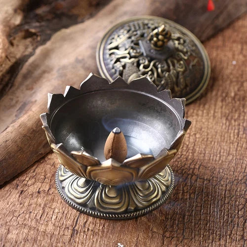 Lotus Flower Incense Burner Buddhism Holder Brass Mini Sandalwood Censer Incense 07FC0E-D4 - KOEEK