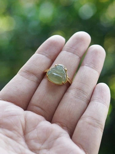 Hetian Jade Ring Female Laughing Buddha Carved Stone Adjustable Jewelry 07FC0E-D4 - KOEEK