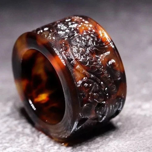 Vintage Chinese Style Turtle Shell Thumb Ring Carved Natural Blood Pattern Band 07FC0E-D4 - KOEEK
