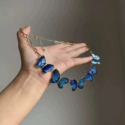 Vintage Blue Enamel Butterfly Necklace Choker Pendant Gothic Style Jewelry 07FC0E-D4 - KOEEK