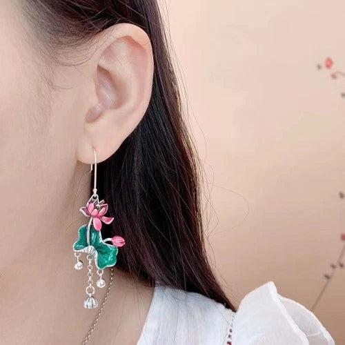 Cloisonne Lotus Leaf Tassel Earrings Vintage Ethnic Long Dangle Jewelry 07FC0E-D4 - KOEEK