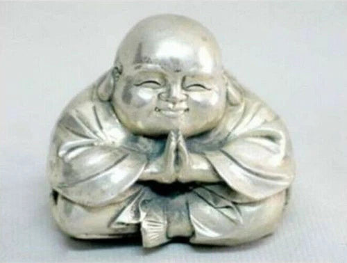 2"Ancient Silver Carved Happy Buddha Maitreya Figurine Collection 07FC0E-D4 - KOEEK