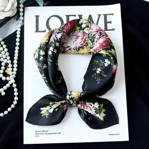Pure Silk 21" Small Square Scarf Women Neckerchief Black White Flower Wrap 07FC0E-D4 - KOEEK
