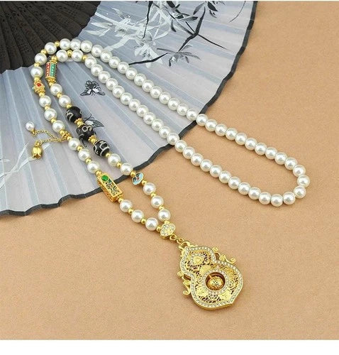 Pearl Imitation Spinning Gourd Pendant Necklace Chinese Style Long Sweater Chain 07FC0E-D4 - KOEEK