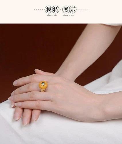 Yellow Glass Pi Xiu Ring Vintage Adjustable Wealth Ring for Women 07FC0E-D4 - KOEEK