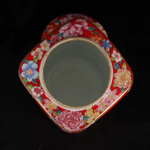 4.3" China Multi-Color Porcelain Red Glaze Ten Thousand Flower Teacaddy Pot 07FC0E-D4 - KOEEK